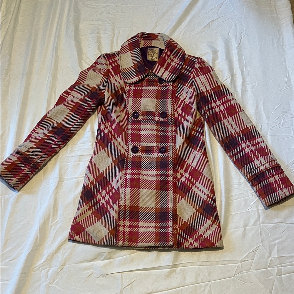 Anthropology Tulle Vintage Pink Orange Purple Plaid Wool Blend Pea Coat Medium